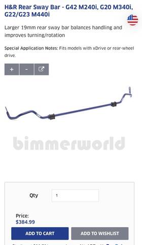 H&r 71462 H&r Rear Sway Bar For M240i 330i/m340i 430i/m440i